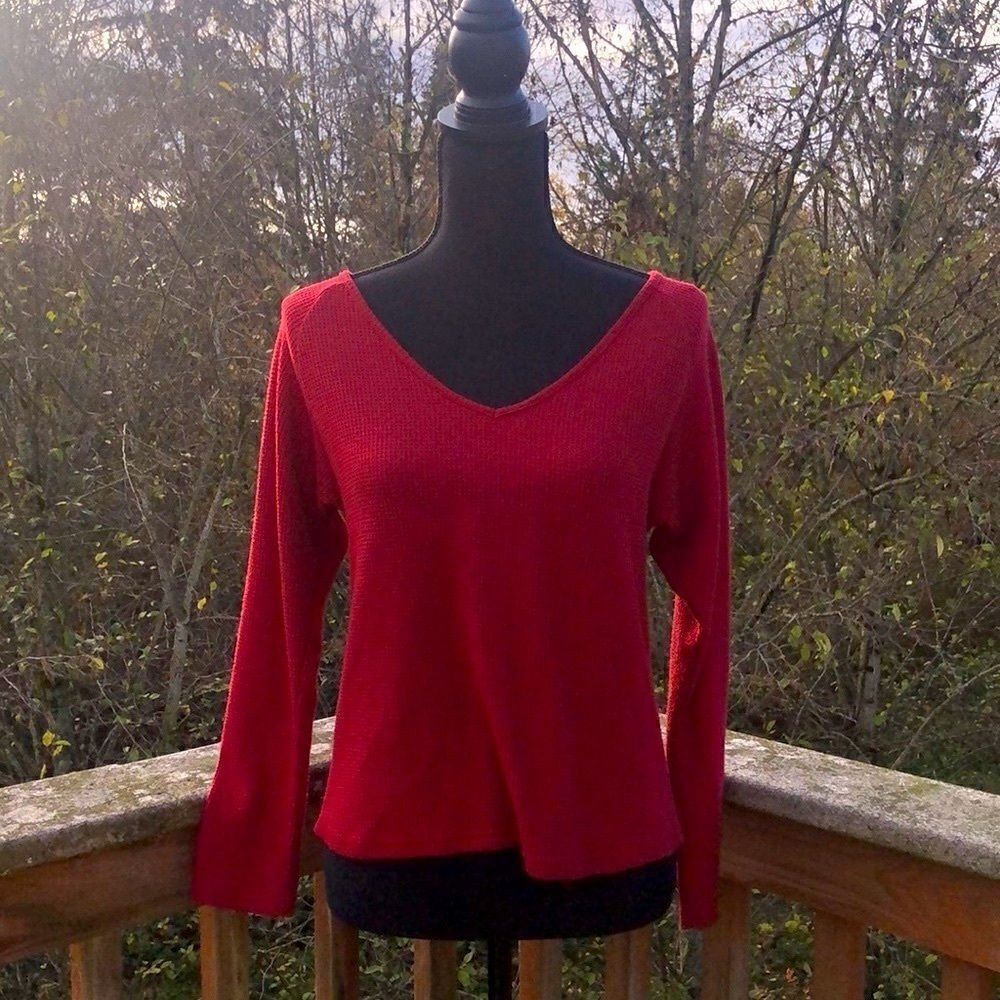 Dark Red Waffle Knit V-Neck Sweater